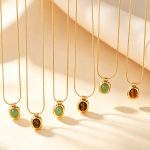 Vintage Premium Tigereye Natural Stone Pendant Stainless Steel Snake Bones Chain Necklace Commuter Lady Necklace