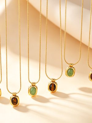 Vintage Premium Tigereye Natural Stone Pendant Stainless Steel Snake Bones Chain Necklace Commuter Lady Necklace