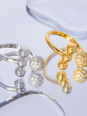 Full Diamond Ball Shape Design Ring Personality Geometry Joint Row round Beads Copper Material Open Food