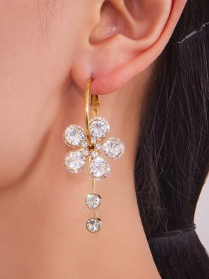 Flash Zircon Five Petal Flower Tassel Earrings Gorgeous Exquisite Stainless Steel Earrings 18K Gold Plating