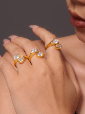 Ornament 3A Zircon Double Water Drop Stainless Steel Open Ring PVD Electroplating 18K Real Gold Color Protection Female