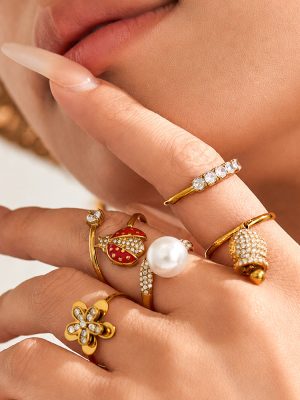 Flower Geometric Inlaid Zircon Stainless Steel Plated 18K Gold Ring Combination Bracelet