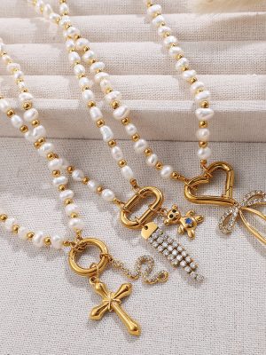 High-Grade Stainless Steel Freshwater Pearl Heart Pendant Bracelet All-Match round Design Necklace