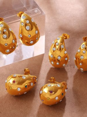 Retro Elegant Golden Diamond Light Luxury Earrings Stainless Steel 18K Gold Plating All-Match Large Water-Drop Eardrops