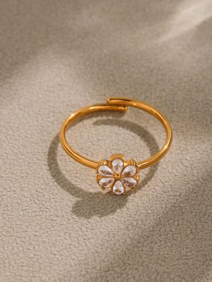 Super Flash 5A Zircon Water Drops Small Flower Fine Circle Ring Exquisite Small Stainless Steel Switchable Index Finger Ring Female