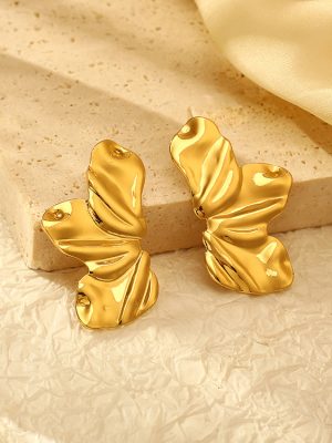 Metal Stud Earrings Stainless Steel Flower Irregular Pleated Glossy Earrings Female Versatile Geometric Design Ornament