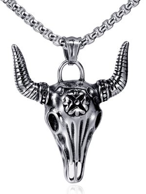 New Retro Ox Head Skull Pendant Domineering Trendy Men Stainless Steel Necklace Personalized Sweater Chain