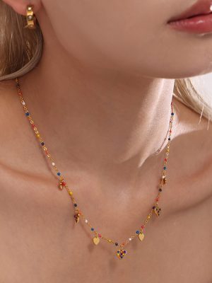 Colorful Zircon Stainless Steel Necklace Heart Clavicle Chain Non-Fading Jewelry Set
