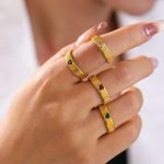 Retro Ladder Texture Ring Color Heart-Shaped Glass Stone Ring Stainless Steel Plated 18K Real Gold Female