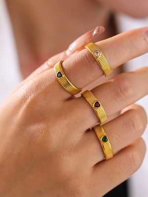 Retro Ladder Texture Ring Color Heart-Shaped Glass Stone Ring Stainless Steel Plated 18K Real Gold Female