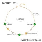 color: P822-Gold Green Cat's Eye Stone Necklace 40+5cm