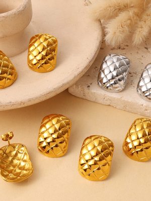 Light Luxury Ins Diamond Plaid Stainless Steel Studs 18K Gold Plated Premium Design Earrings
