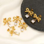 Stainless Steel Bow Stud Earrings Female Advanced Zircon Eardrops Earrings Gold Plated Ornament