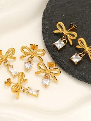 Stainless Steel Bow Stud Earrings Female Advanced Zircon Eardrops Earrings Gold Plated Ornament