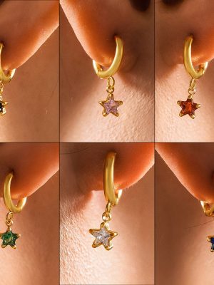 Colorful Glass Drill Pentagram Earrings 18K Gold Plated Stainless Steel Piercing Earrings
