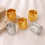 Neutral Retro Embossed Sun Pattern Ring Stainless Steel Design Gold and Silver Two-Tone Wide Version
