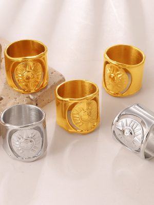 Neutral Retro Embossed Sun Pattern Ring Stainless Steel Design Gold and Silver Two-Tone Wide Version