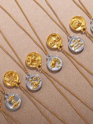 All-Match Creative Personalized 18K Gold Plated round Brand Twelve Constellation Pattern Pendant Stainless Steel Necklace for Women