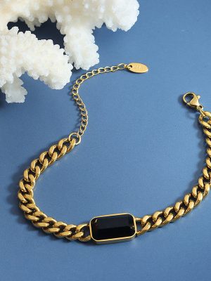Thick Chain Cuban Link Chain Metal Hip Hop Green Black Glass Stone Necklace Personalized Bracelet Jewelry Set