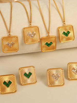 Thai Retro Elegant Women's Square Brand Heart-Shaped Inlaid Zircon Earrings Necklace Jewelry Set Decorations