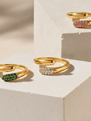 Stainless Steel Cross Geometric Open Ring PVD Gold-Plated Non-Fading Simple and Light Luxury Inlaid Zircon Little Finger Ring