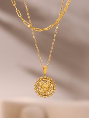 Peach Heart Sun Lace Double-Layer Necklace Clavicle Chain Stainless Steel Color Protection Ornament Trendy Light Luxury Advanced