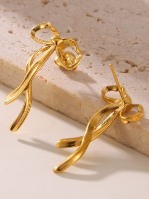 Light Luxury Bow Tassel Silk Ribbon Stud Earrings Stainless Steel Plated 18K Real Gold Fairy Earrings