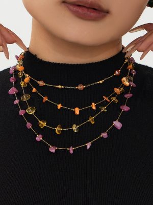 Stainless Steel Colorful Natural Stone Necklace, Bracelet Set Design All-Match Twin Jewelry