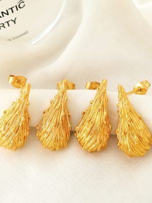 French Hollow Water Drop Pleated Texture Ear Studs Color Retaining Light Luxury Stainless Steel Gold Plated 18K