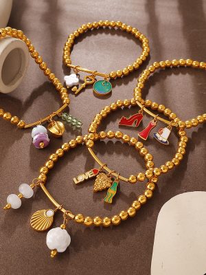 Sweet DIY Ceramic Pearl Pendant Gold Ball Bracelet Stainless Steel Plated 18K Gold Jewelry