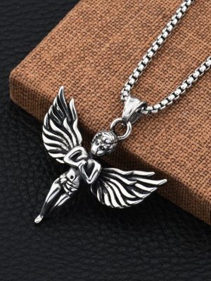 Angel Wings Cupid Necklace Vintage Pendant Men's and Women's Trendy Sweater Chain Stainless Steel