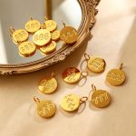 Simple Retro Golden round Card Three-Dimensional Embossed Digital Pendant Stainless Steel Plated 18K Gold DIY Accessories