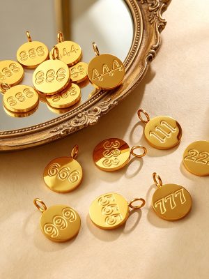 Simple Retro Golden round Card Three-Dimensional Embossed Digital Pendant Stainless Steel Plated 18K Gold DIY Accessories