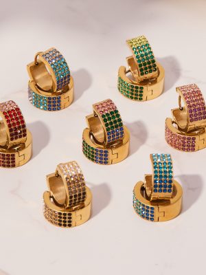 Luxury Colorful Crystals Four-Row Zircon Exquisite Buckle Earrings Stainless Steel 18K Gold Plating All-Match Earrings