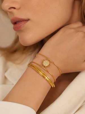 Simple Sun Three-Layer Interwoven Design Inlaid Zircon Stainless Steel 18K Gold Plating Open-Ended Bracelet Ornament Female