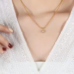 New Chinese Style Natural Stone round Pendant Rice Beads Chain Light Luxury and Simplicity Non-Fading Elegant Stainless Steel Women's Necklace Jewelry