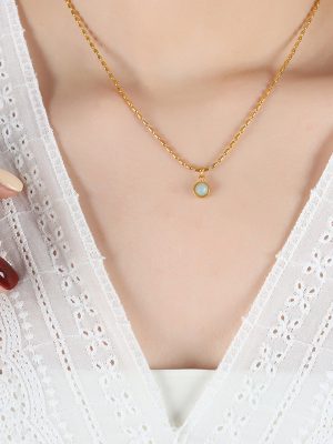 New Chinese Style Natural Stone round Pendant Rice Beads Chain Light Luxury and Simplicity Non-Fading Elegant Stainless Steel Women's Necklace Jewelry