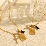 Unique Personality Black Zircon Square Plate Cross Combination Pendant Stainless Steel Necklace