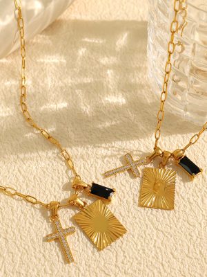 Unique Personality Black Zircon Square Plate Cross Combination Pendant Stainless Steel Necklace