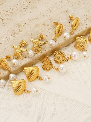 Stainless Steel Seashell and Starfish Pearl Stud Earrings, Women’s Versatile High-End Ear Accessories