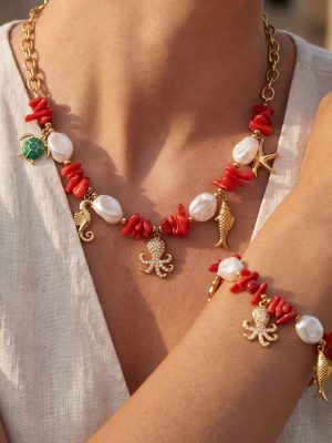 Seaside Holiday Red Coral Dripping Zircon Multi-Accessories Stainless Steel Personalized Bracelet Necklace