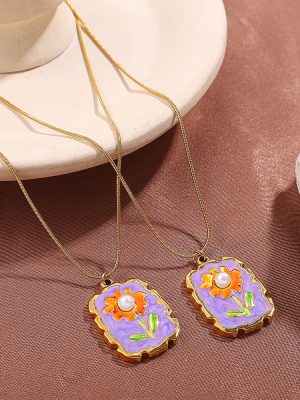 New Stainless Steel Oil Dripping Inlaid Imitation Pearl Necklace All-Match Light Luxury Plated 18K Golden Women's