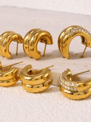 INS Double-Layer C- Shaped Diamond Stud Earrings Commuter Earrings Female Stainless Steel Electroplated 18K Real Gold