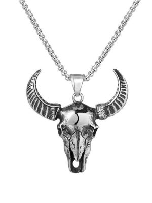 Battle Bull Head Pearl Chain Necklace Stainless Steel Vintage Pendant Ornaments