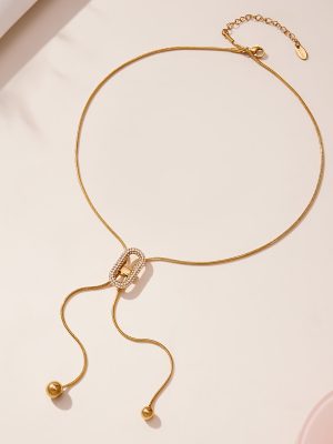 Round Beads Tassel Stainless Steel Full Zirconium Japanese Word Pull Clavicle Chain 18K Gold Plating Simple Jewelry
