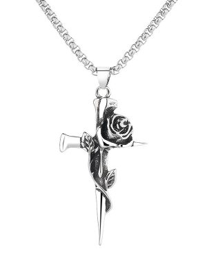 Retro Rose Cross Necklace, Unisex Design, Creative Couple Sweater Chain, Hip-Hop Accessory