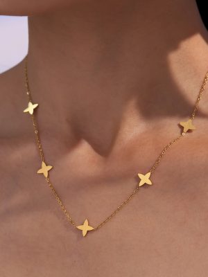 5A round Beads Zircon Twin Lucky Four-Leaf Flower Small Clavicle Chain Light Luxury Necklace Stainless Steel Necklace Female