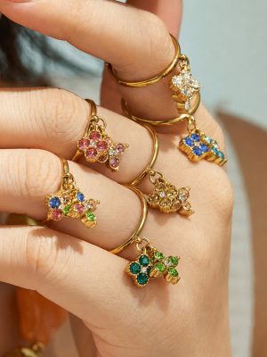 Modern Simple Double Pendant Zircon Four-Leaf Flower Ring Stainless Steel 316L Personality Ring Set