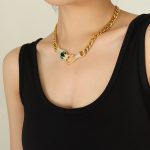 color: P1237-Green Eye Black Head Gold Necklace (40+5cm)