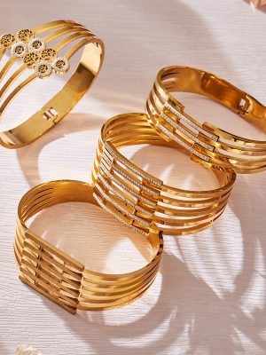 Stainless Steel Inlaid Czech Diamond Ring Hollow Wide Surface Open-Ended Bracelet Combination High Quality Women's Bracelet